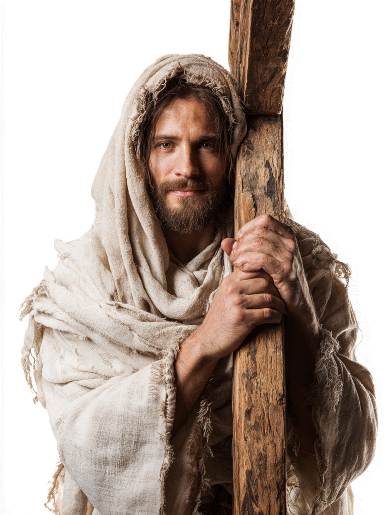 A front facing image ofJesus held the cross with both hands.A 24658f2a 6edd 454b 8578 577aef989a7f 1