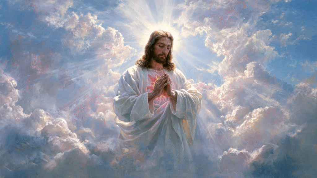 A heavenly scene with Jesus Christ in the center wearing a wh c1916cac 319d 477f 99e8 404651bf01f4 0