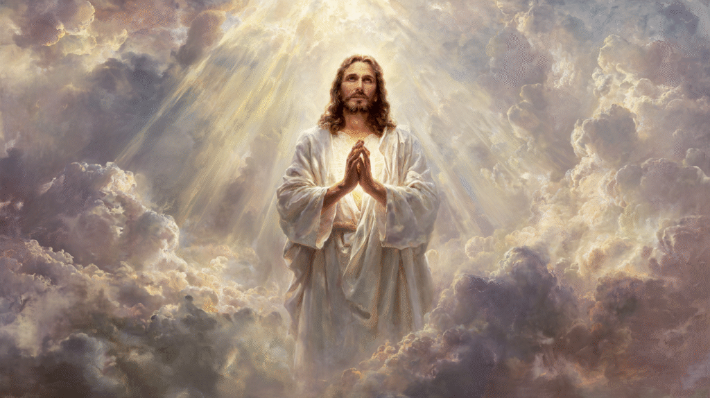 A heavenly scene with Jesus Christ in the center wearing a wh c1916cac 319d 477f 99e8 404651bf01f4 2