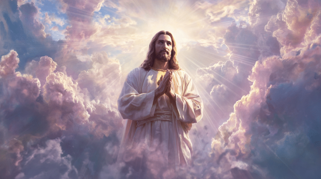 A heavenly scene with Jesus Christ in the center wearing a wh c1916cac 319d 477f 99e8 404651bf01f4 3