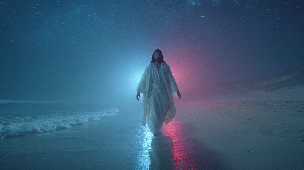 A hyperrealistic cinematic 8K image of Jesus Christ walking a 28babb6f c4b7 4987 add2 bac6e8de1499 0