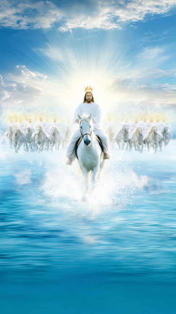 A majestic scene with Lord Jesus riding a white horse positio b6eefa94 940e 4f89 8812 8a9bf1b1e8c1 2