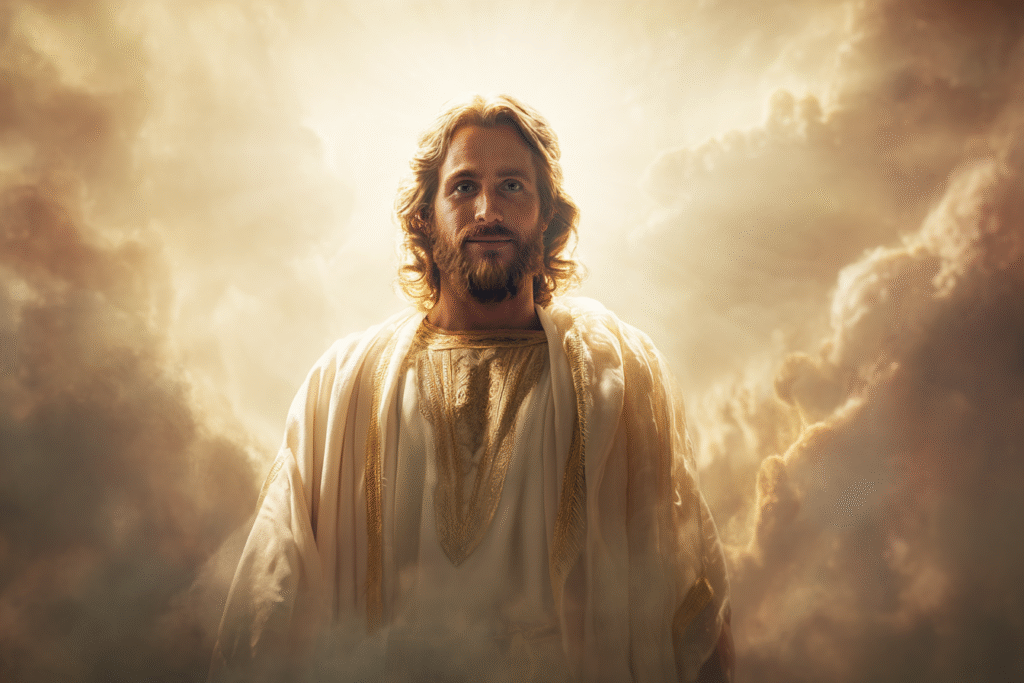 A medium wide shot of the resurrected Jesus Christ radiant wi de93046c 1725 4076 81be 5a9cc7b5eae3 3