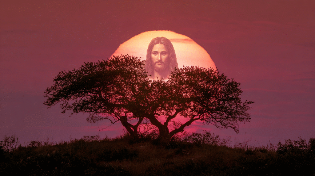 A peaceful spiritual landscape at sunset showing a large glow 47d6bb2b 86c1 4366 a44e 45ff39e14b2a 1