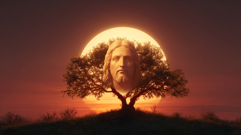 A peaceful spiritual landscape at sunset showing a large glow 47d6bb2b 86c1 4366 a44e 45ff39e14b2a 2