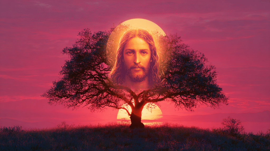 A peaceful spiritual landscape at sunset showing a large glow 47d6bb2b 86c1 4366 a44e 45ff39e14b2a 3