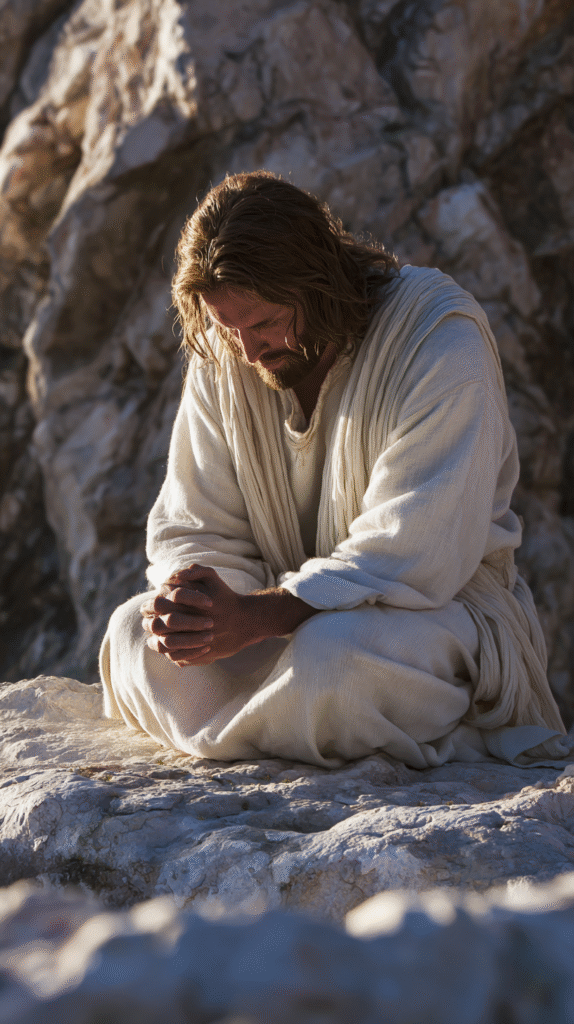 A photorealistic image of Jesus Christ kneeling in prayer on c8907ad5 667c 4991 aa33 6fd2780e1355 0