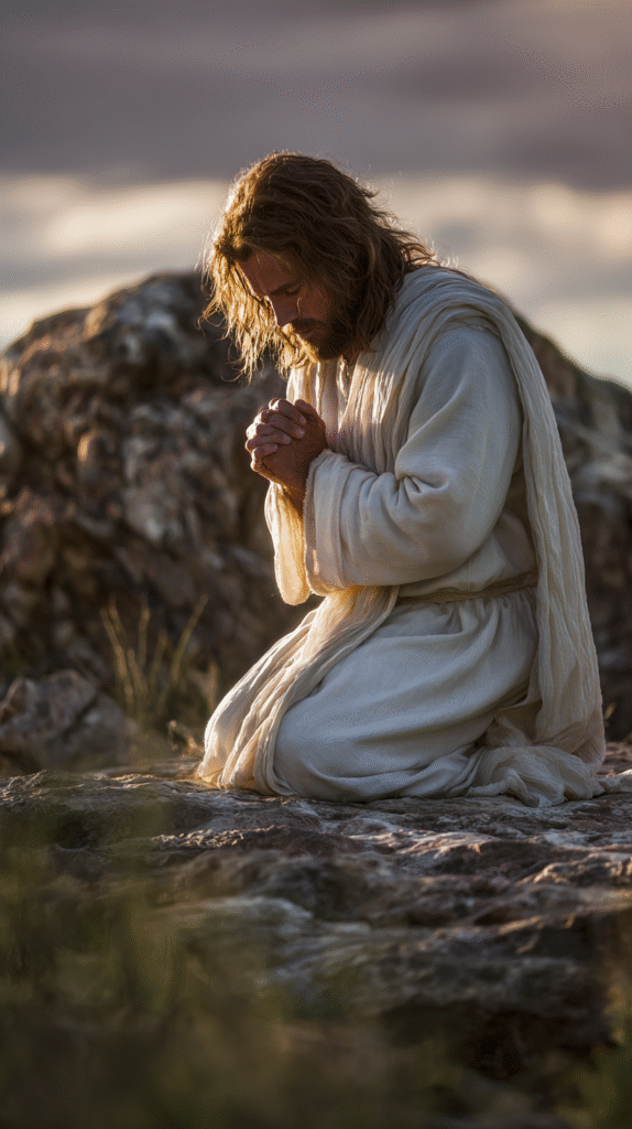 A photorealistic image of Jesus Christ kneeling in prayer on c8907ad5 667c 4991 aa33 6fd2780e1355 1