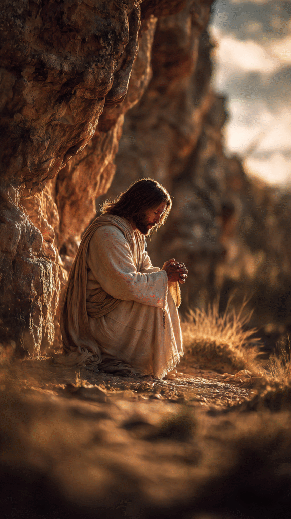 A photorealistic image of Jesus Christ kneeling in prayer on c8907ad5 667c 4991 aa33 6fd2780e1355 2