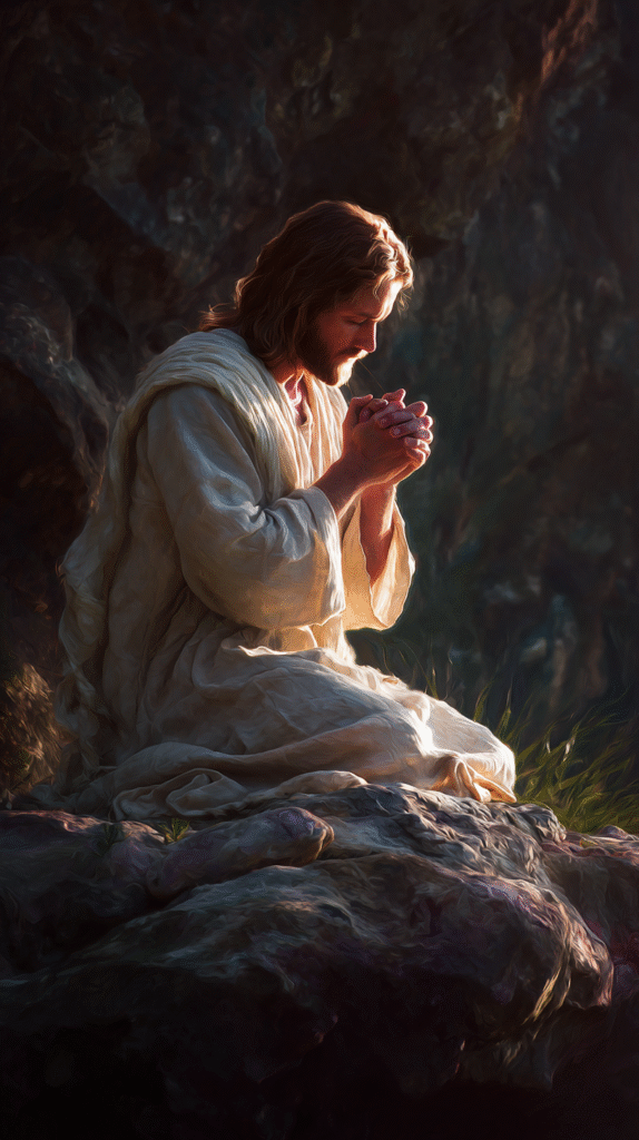 A photorealistic image of Jesus Christ kneeling in prayer on c8907ad5 667c 4991 aa33 6fd2780e1355 3