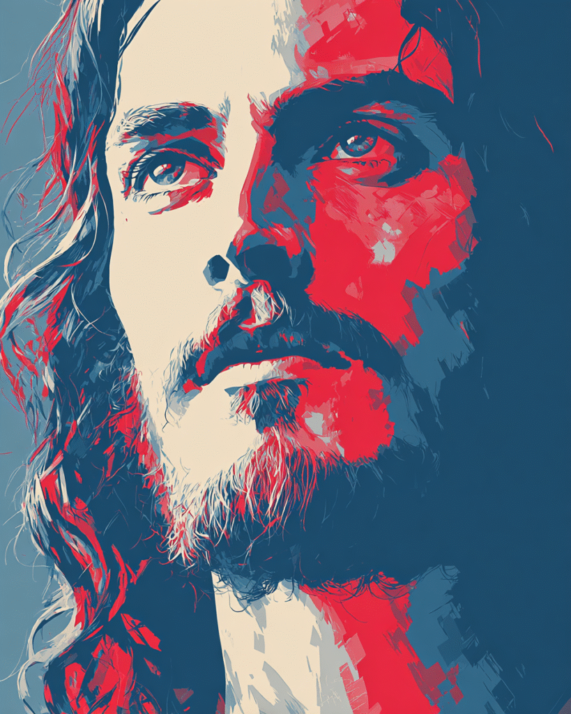 A portrait of Jesus in the style of shepard fairey red white 119104d3 d53a 49a4 b1fd 01b5b37f09b8 0