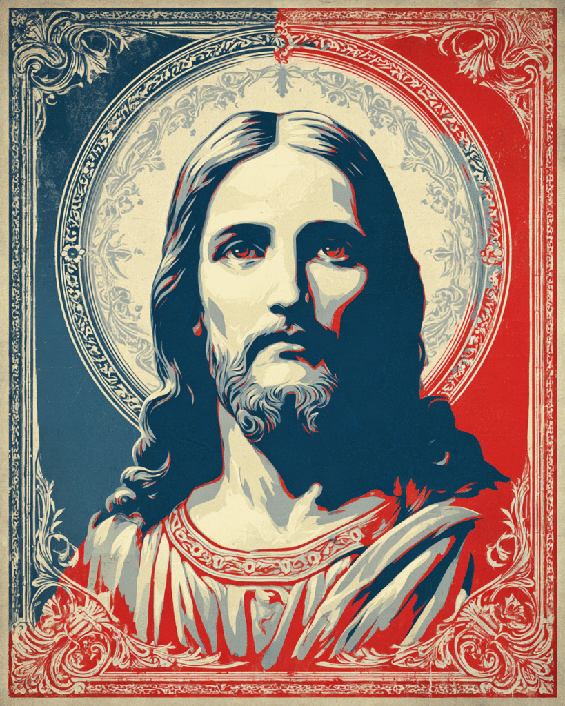 A portrait of Jesus in the style of shepard fairey red white 119104d3 d53a 49a4 b1fd 01b5b37f09b8 3