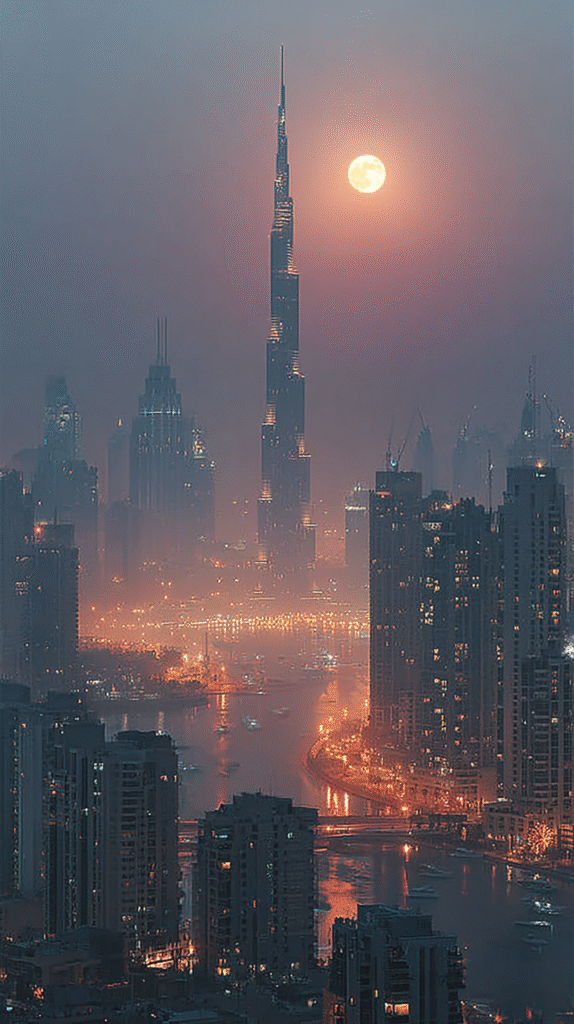 A surreal photo of the Burj Khalifa in Dubai. moon night Vale ea678762 68b8 44d0 8dad 3c0bff67ed4e 1