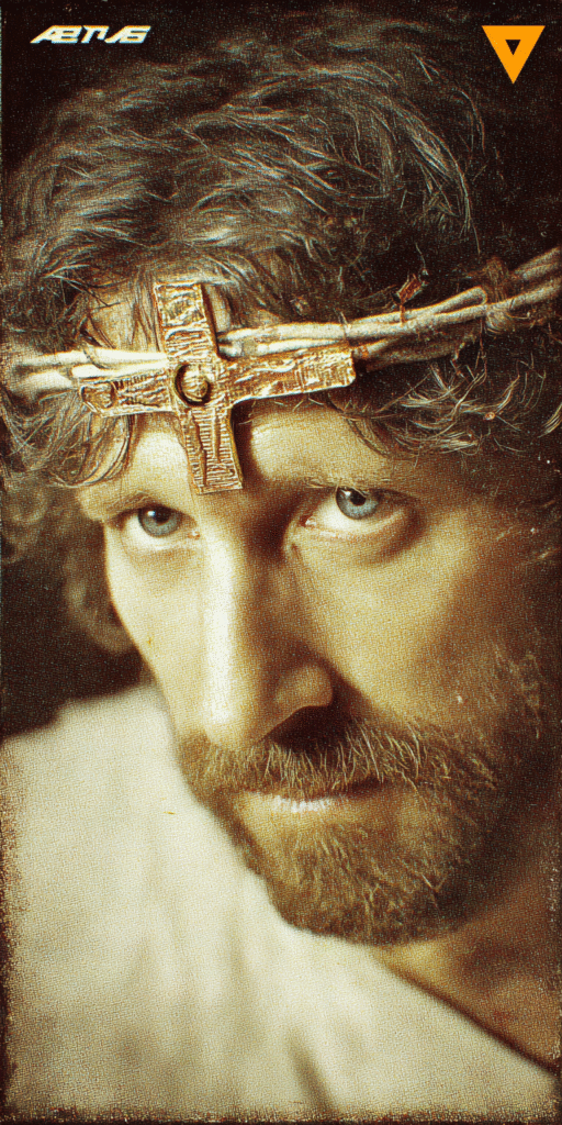 A vintage movie poster of Jesus Christ with a golden cross on fe4bb431 7e1e 4597 9e70 f8891ea0c3b6 1