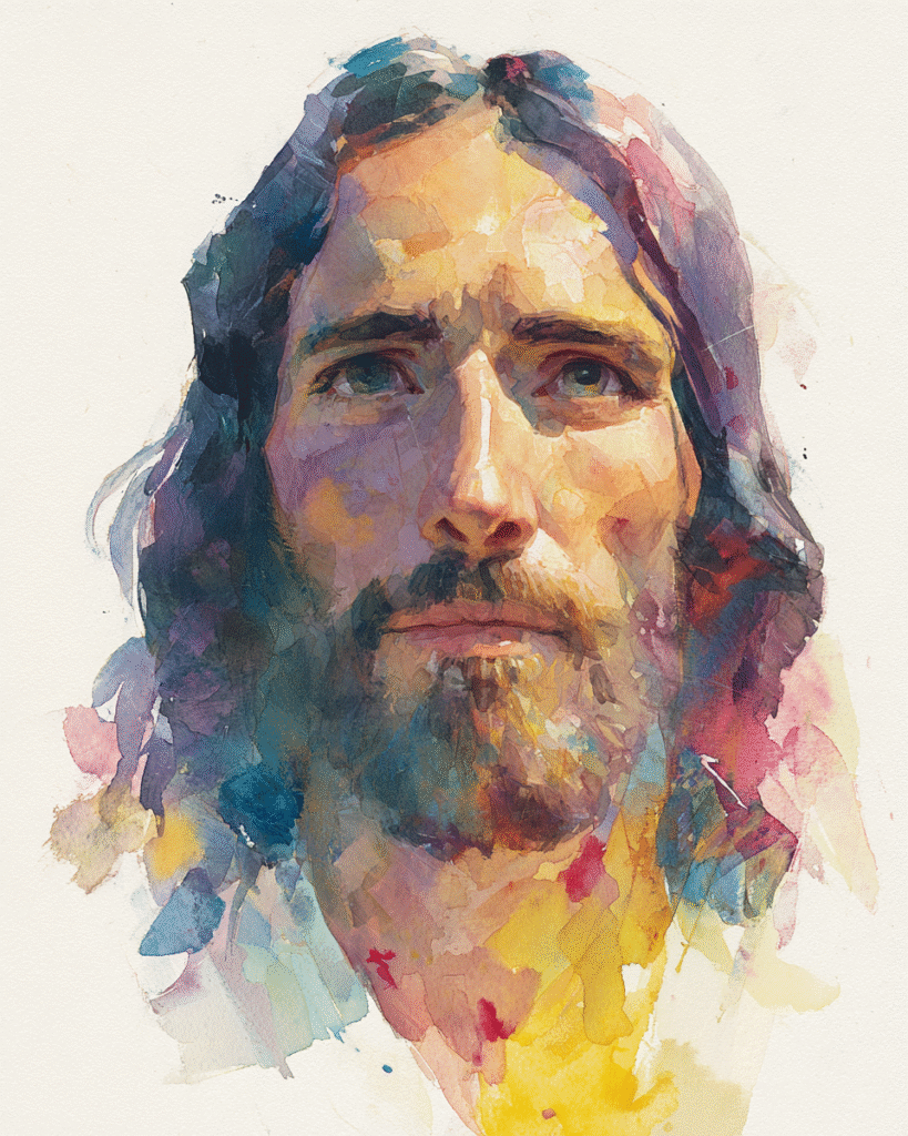 A watercolor painting of Jesus with bright colors and fine de 7a891ef2 34ea 4ee4 9138 d403faa5c2c8 1