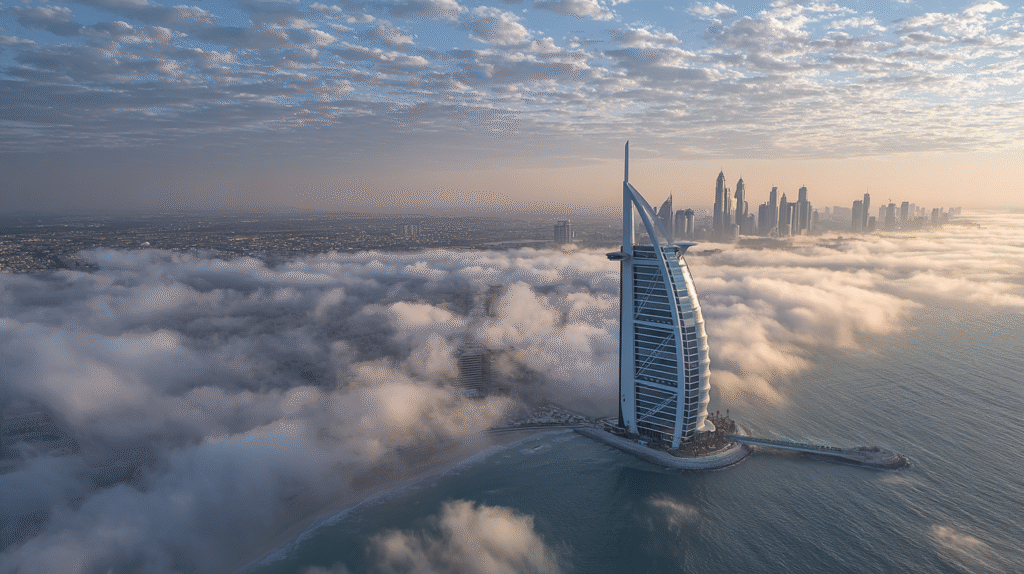 Aerial POV shot of the Burj Al Arab in Dubai reaching up to t c4ea7da8 8561 46c9 8aec 95f663abb2c0 1