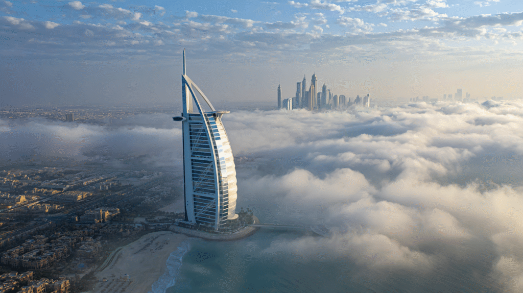 Aerial POV shot of the Burj Al Arab in Dubai reaching up to t c4ea7da8 8561 46c9 8aec 95f663abb2c0 3