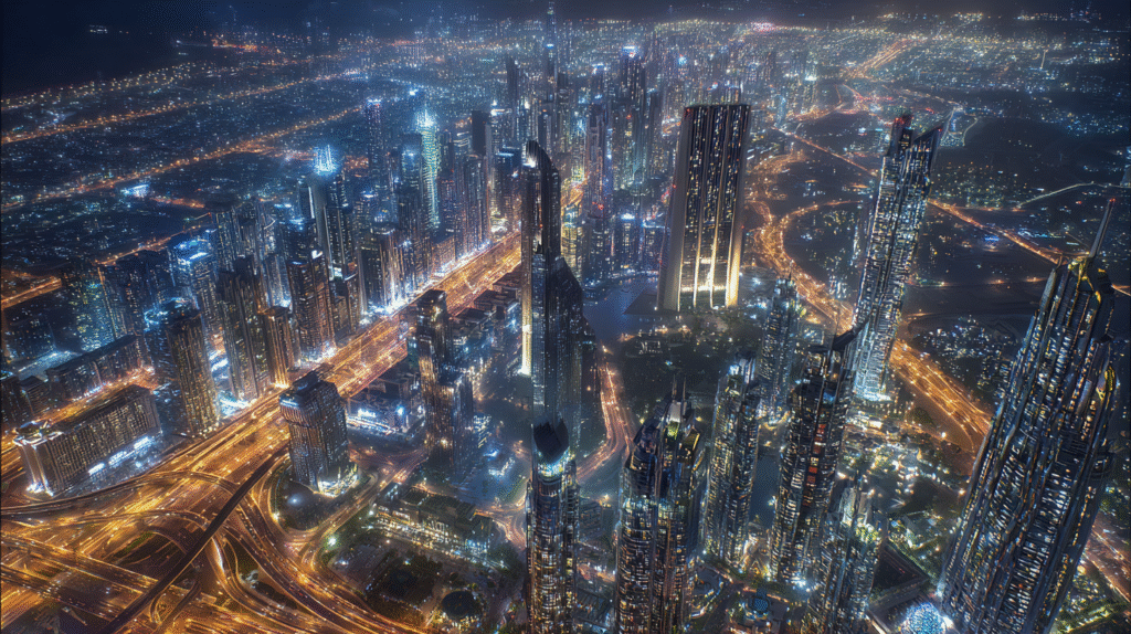 Aerial nighttime view of a futuristic mega city skyline inspi 1f2f8319 bb2e 4c1e 9a2d 439137a8f003 0