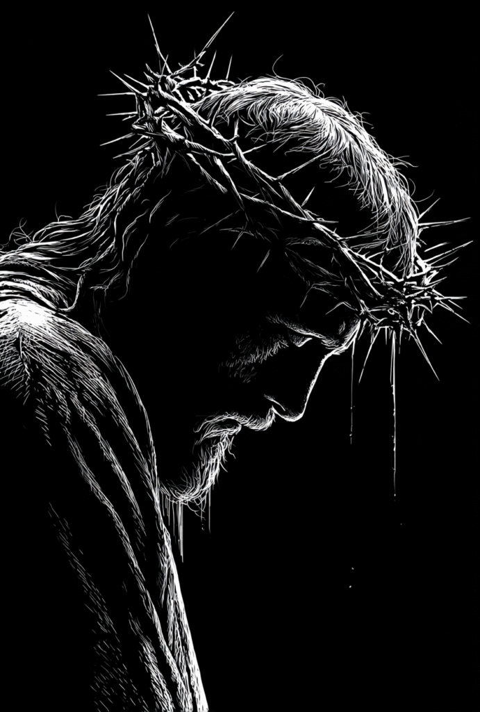 Black background white line art silhouette of Jesus wearing a b14e6d88 d2f0 47b8 98e0 af7425af8ccb 0