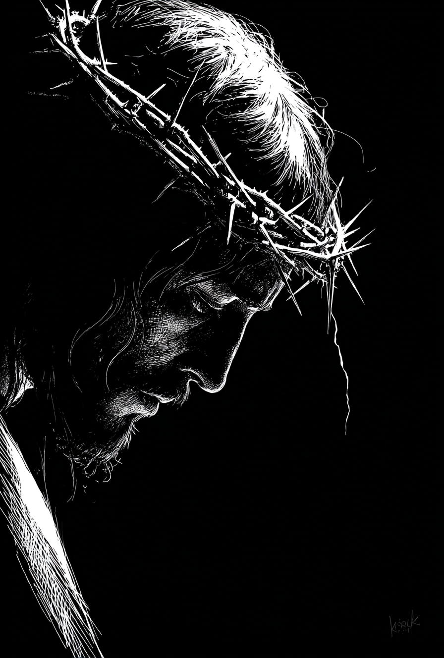 Black background white line art silhouette of Jesus wearing a b14e6d88 d2f0 47b8 98e0 af7425af8ccb 1