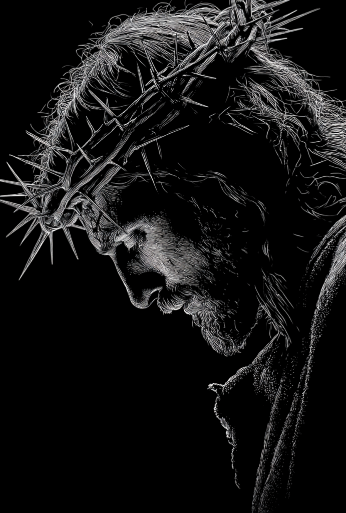 Black background white line art silhouette of Jesus wearing a b14e6d88 d2f0 47b8 98e0 af7425af8ccb 2