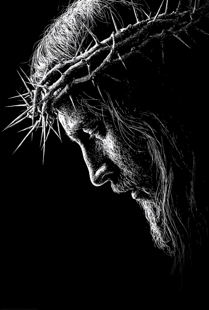 Black background white line art silhouette of Jesus wearing a b14e6d88 d2f0 47b8 98e0 af7425af8ccb 3