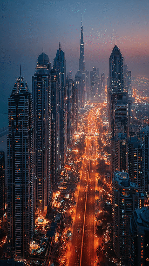 Cinematic aerial top down view of Dubai at night camera facin 51e80de4 154e 45b1 a179 dba0a34aaf2e 3