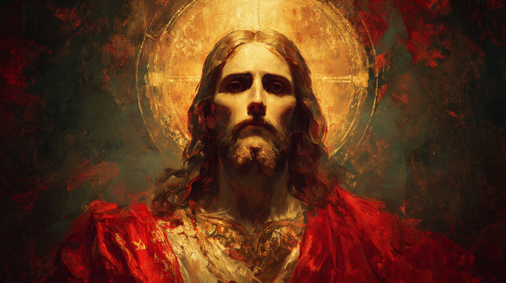 Close up frontal portrait of Jesus with calm divine gaze radi 88443e2a bbaf 4548 9b4d af857821c05b 0