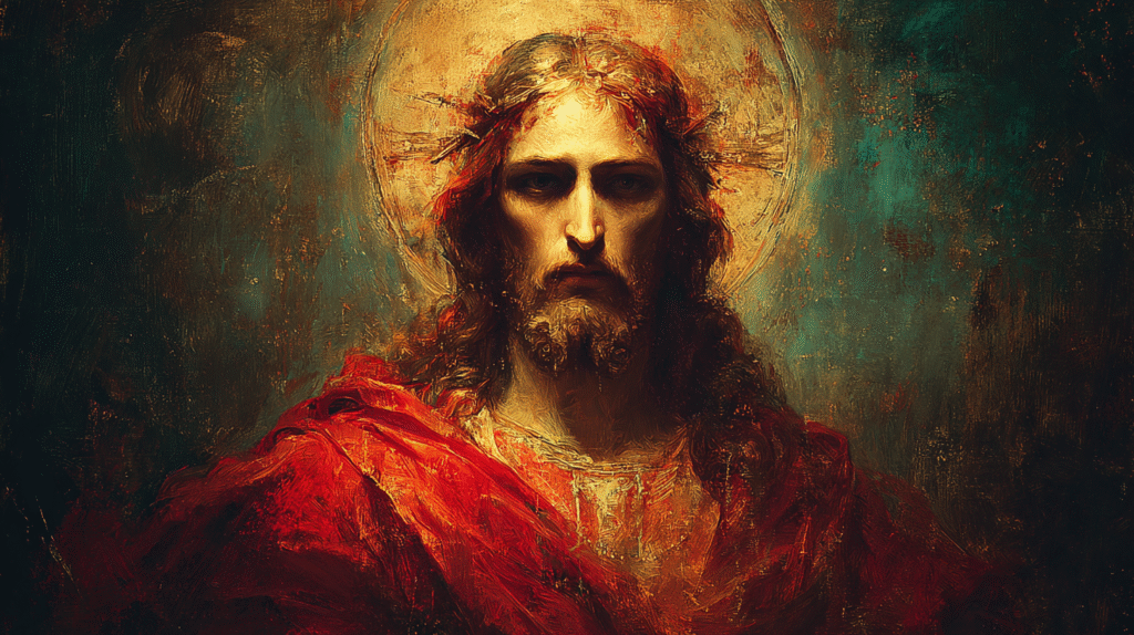 Close up frontal portrait of Jesus with calm divine gaze radi 88443e2a bbaf 4548 9b4d af857821c05b 2