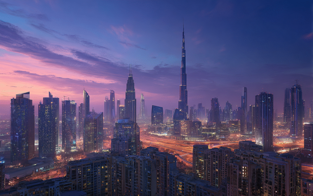 Dubai city view at dusk neon city skyline birds view hi reali 64971df2 cc96 4e31 98e6 b09a4dc458f9 0