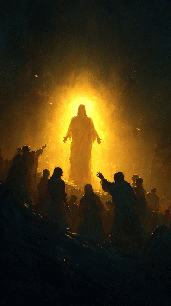 Golden halo around jesus head Jesus standing in a pitch black eb4d9156 da83 4d9b 8b41 0e06605a10c3 0