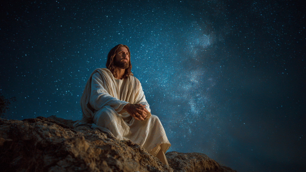 Jess arrodillado en la cima de una montaa bajo un cielo lleno cc5ee505 700a 450c 873e 4b8f65dfb183 0