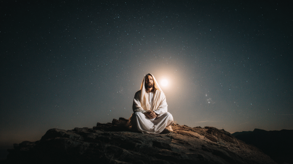 Jess arrodillado en la cima de una montaa bajo un cielo lleno cc5ee505 700a 450c 873e 4b8f65dfb183 1