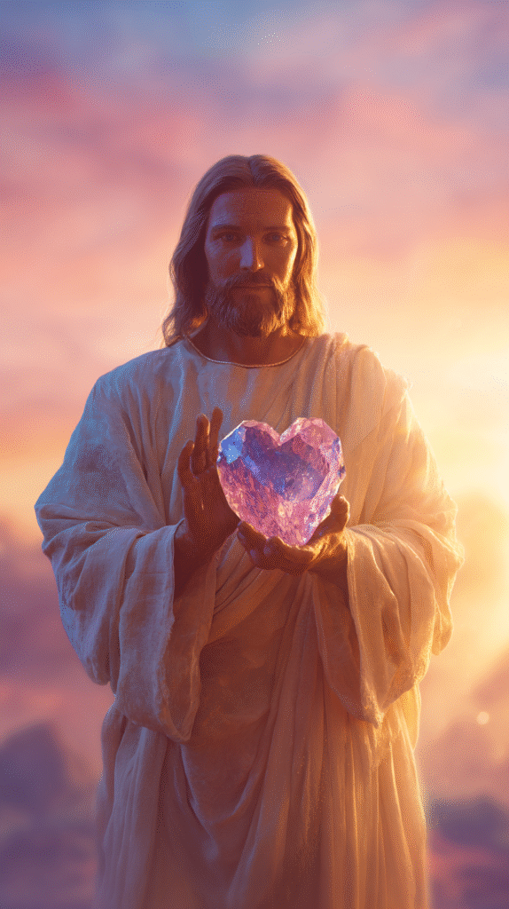 Jesus Christ holding a smooth ref crystal in the shape of a h cfe5337b 1e94 4ff7 ba20 b55699503fd4 1