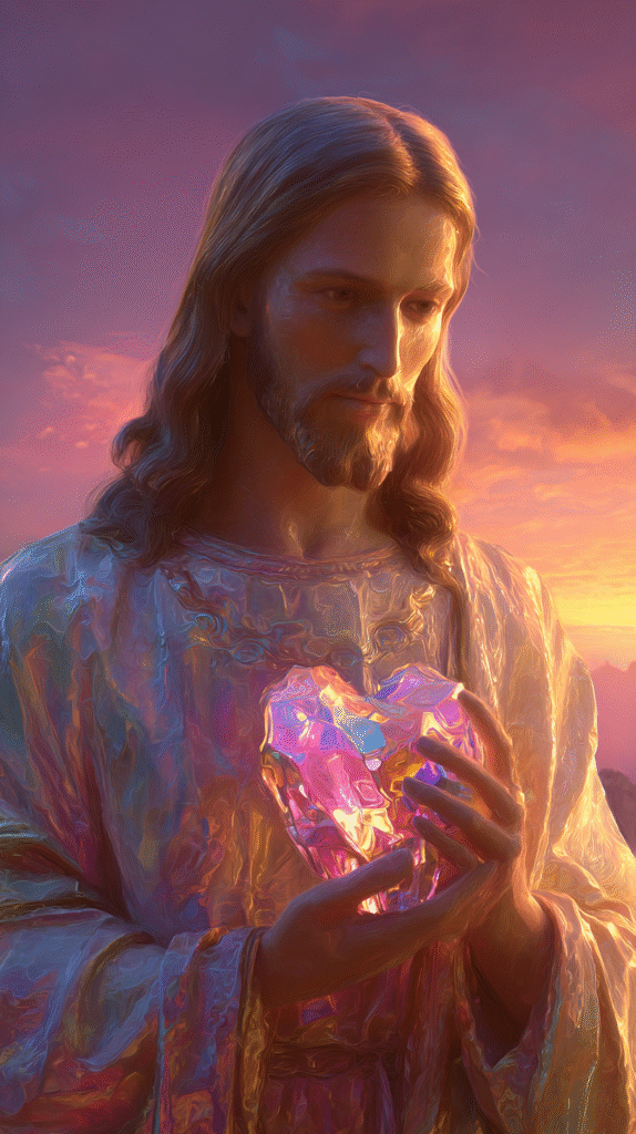 Jesus Christ holding a smooth ref crystal in the shape of a h cfe5337b 1e94 4ff7 ba20 b55699503fd4 3