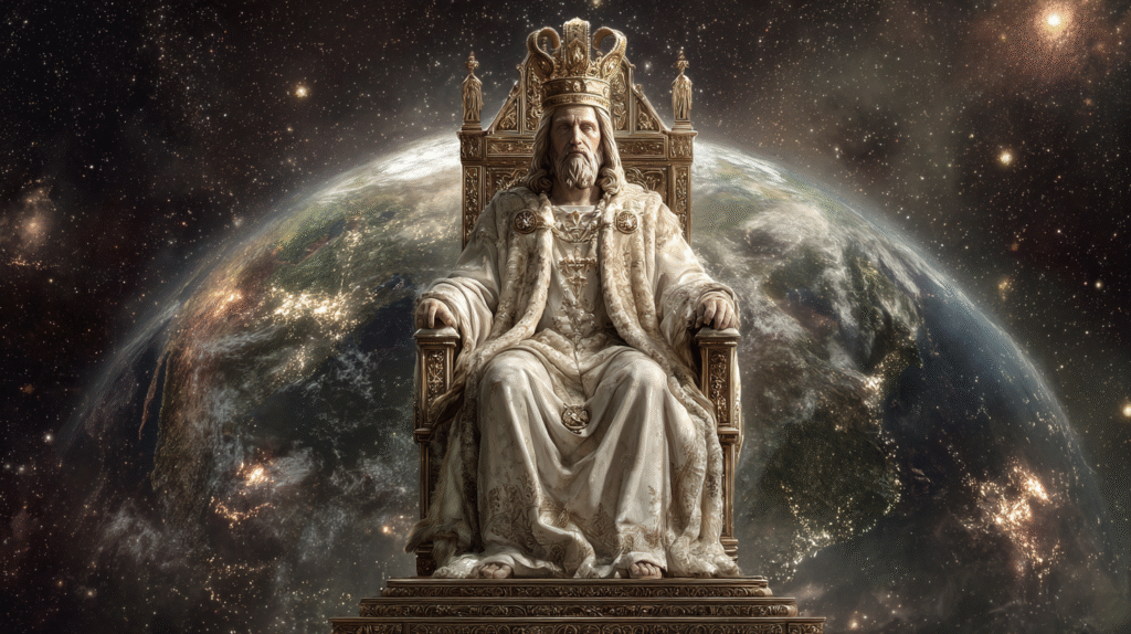 Jesus Christ seated on the throne of God the earth behind him ede85267 8e6f 437a 91b3 7198941a7ba3 0