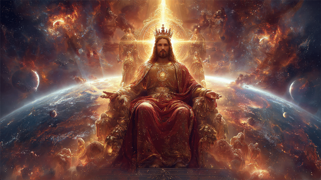 Jesus Christ seated on the throne of God the earth behind him ede85267 8e6f 437a 91b3 7198941a7ba3 1