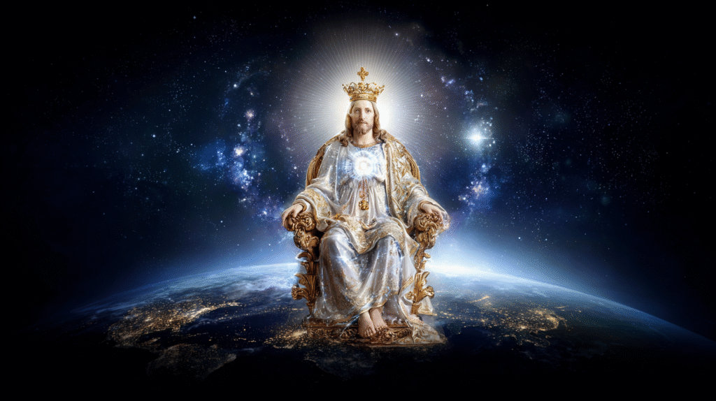 Jesus Christ seated on the throne of God the earth behind him ede85267 8e6f 437a 91b3 7198941a7ba3 2