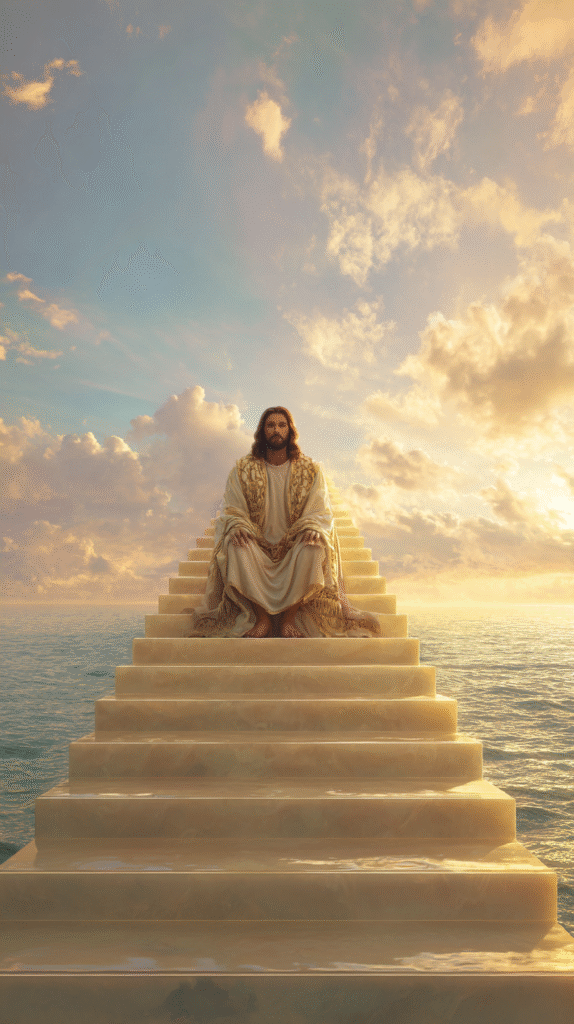 Jesus Christ sitting at the top of a glowing staircase made o 2f95638a 6b0c 4524 a974 b3b2c1a27d02 0