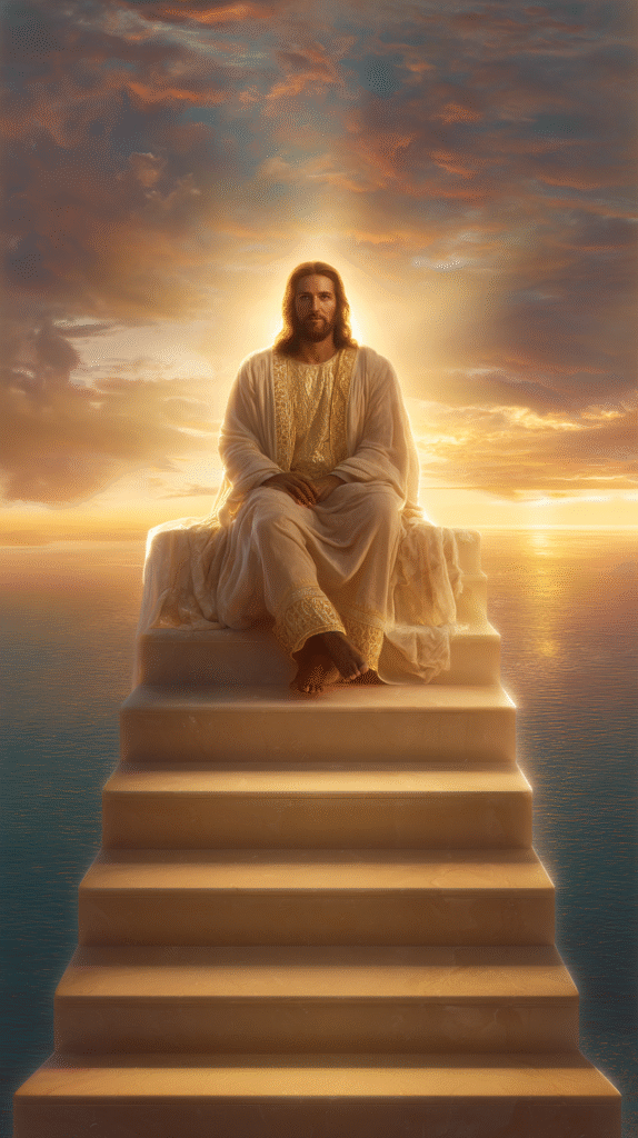 Jesus Christ sitting at the top of a glowing staircase made o 2f95638a 6b0c 4524 a974 b3b2c1a27d02 1