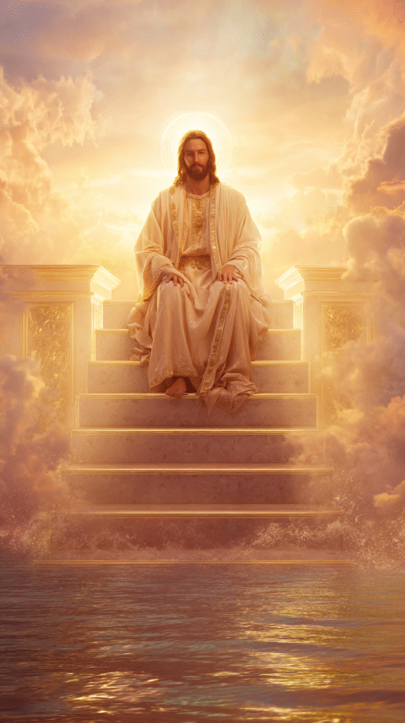 Jesus Christ sitting at the top of a glowing staircase made o 2f95638a 6b0c 4524 a974 b3b2c1a27d02 3