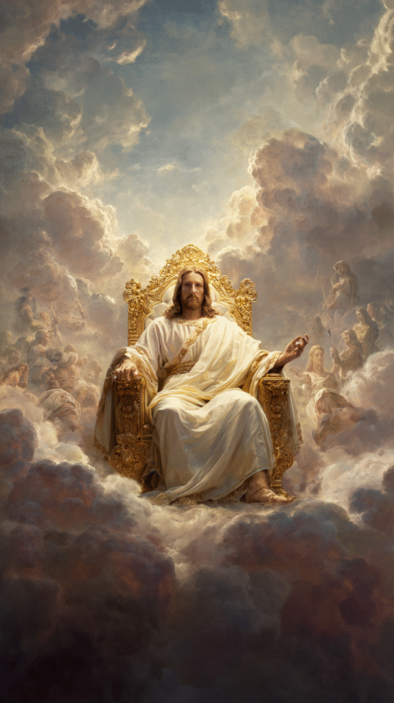 Jesus Christ sitting on a golden chair amidst the clouds of h bf7ffb4e a0a7 4cac bd08 82765a12feb2 3