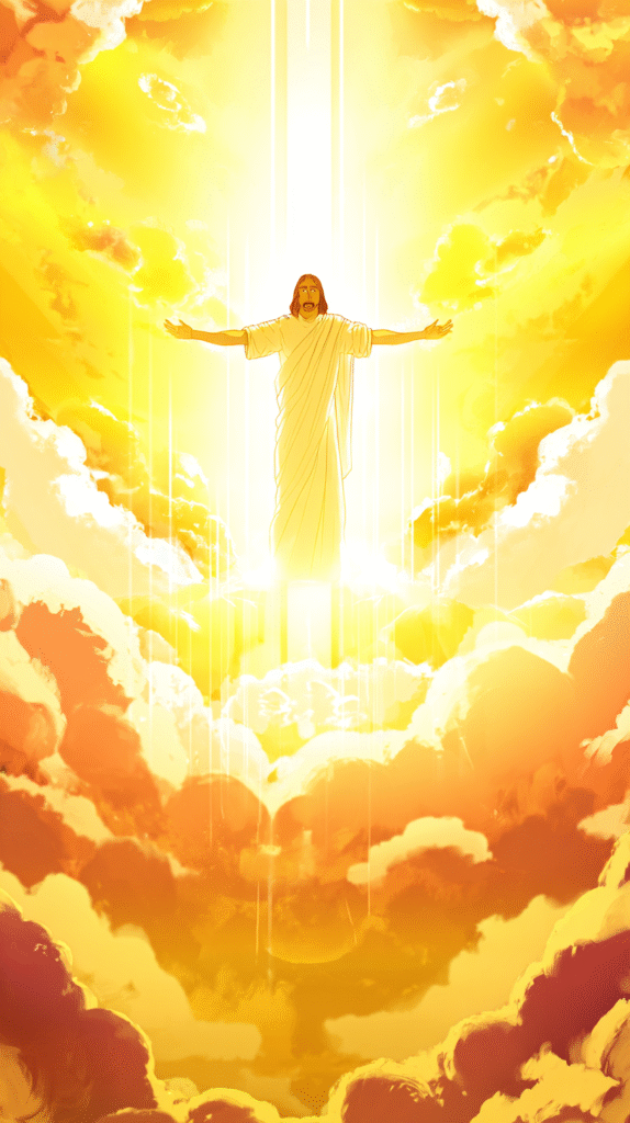 Jesus Christ standing high in the golden sky with arms wide o f3d6ae79 32f2 4ab6 aa43 f88d404867ac 1