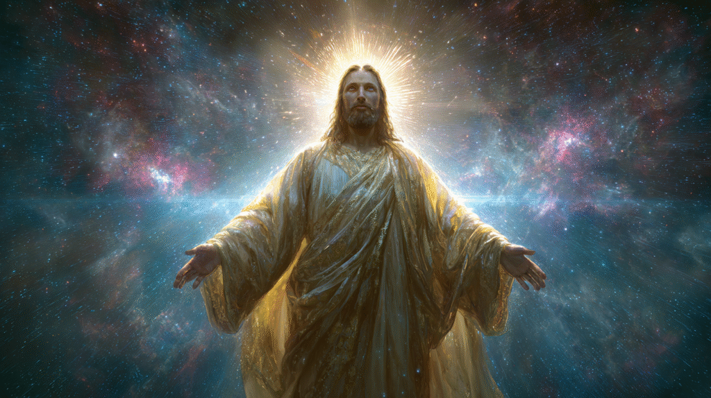 Jesus Christ standing in front of a majestic cosmic backgroun 4569ea54 8287 444e 9f48 4f24c910ce94 1