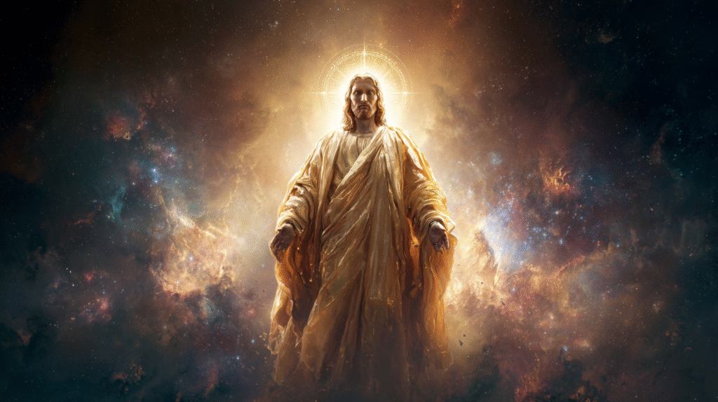 Jesus Christ standing in front of a majestic cosmic backgroun 4569ea54 8287 444e 9f48 4f24c910ce94 3