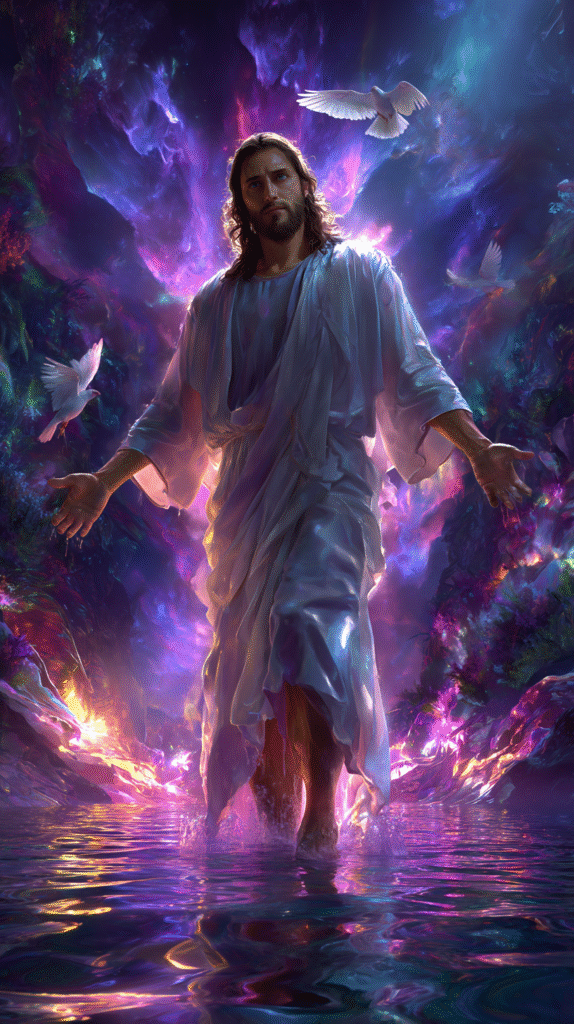 Jesus Christ standing still in glowing shallow water facing d 18897cb7 928d 4f70 975a 7ab4f04e2b8d 0