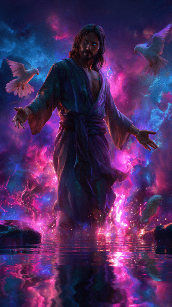 Jesus Christ standing still in glowing shallow water facing d 18897cb7 928d 4f70 975a 7ab4f04e2b8d 1