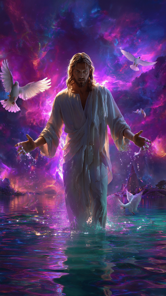 Jesus Christ standing still in glowing shallow water facing d 18897cb7 928d 4f70 975a 7ab4f04e2b8d 2