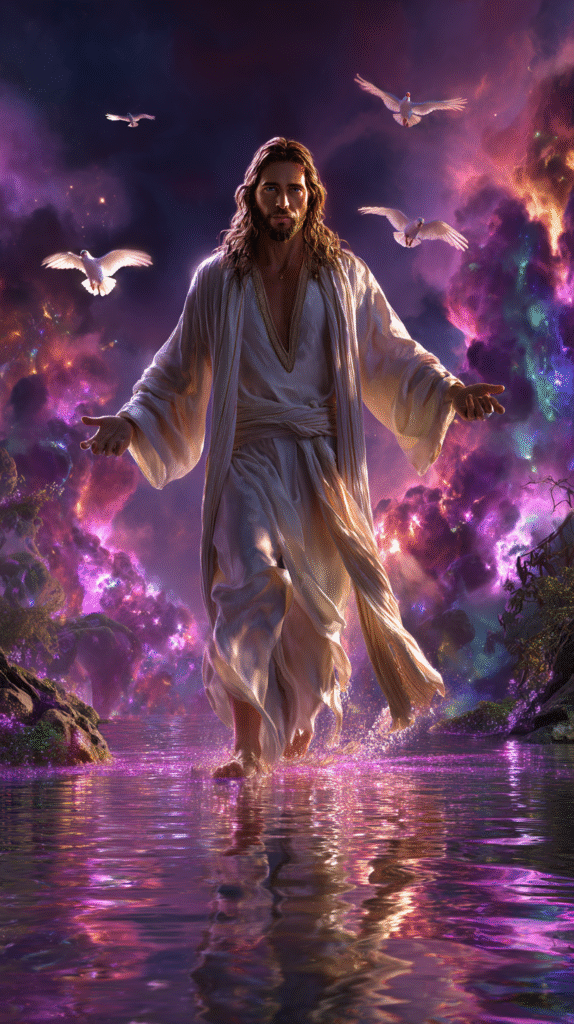 Jesus Christ standing still in glowing shallow water facing d 18897cb7 928d 4f70 975a 7ab4f04e2b8d 3