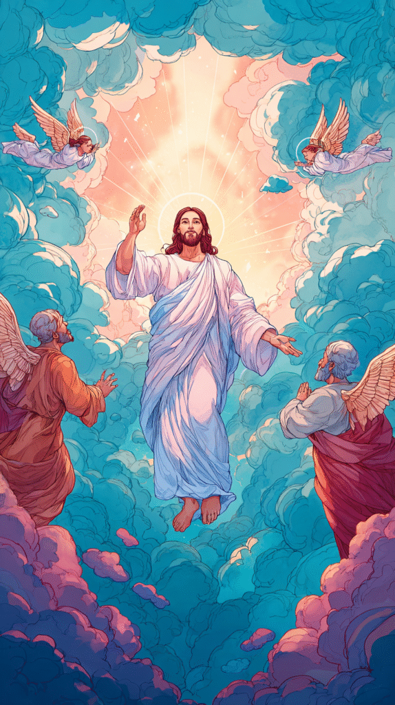 Jesus Christ surrounded by angels in cartoon style vibrant co 92319722 6624 4abb 9cca 1b748ae8034a 0